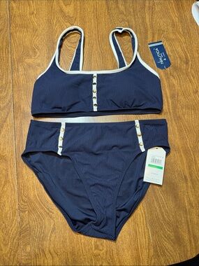 Nautica Navy Ribbed Bralette/Gold Buttons with high waisted matching bottoms